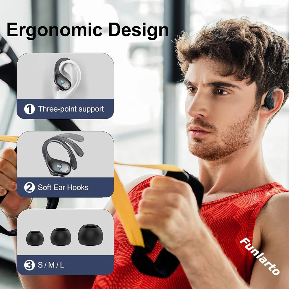 Auriculares deportivos Bluetooth IPX7 auriculares inalámbricos impermeables 60 horas de música con micrófono pantalla LED de potencia gancho para la oreja suave auriculares TWS