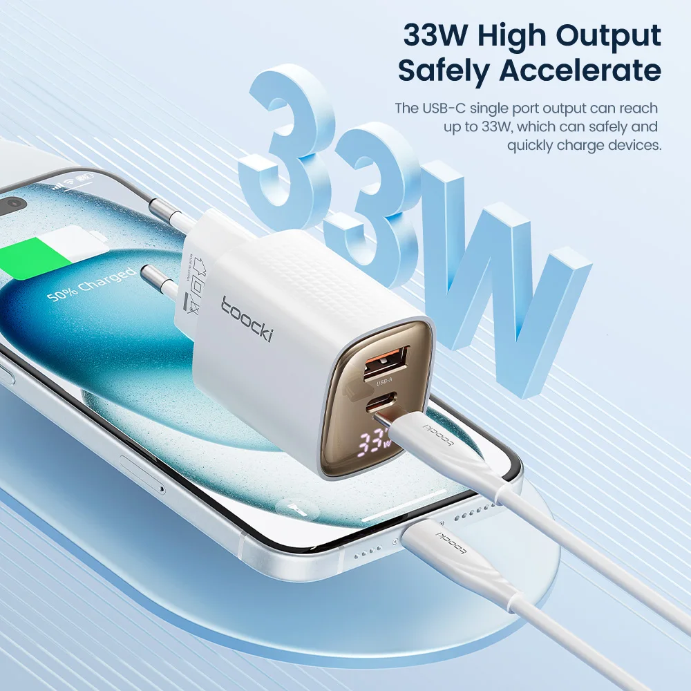 Toocki 33W GaN USB C cargador pantalla Digital carga rápida tipo C cargador para iPhone 15 14 13 12 Samsung Galaxy S23 S22 Xiaomi