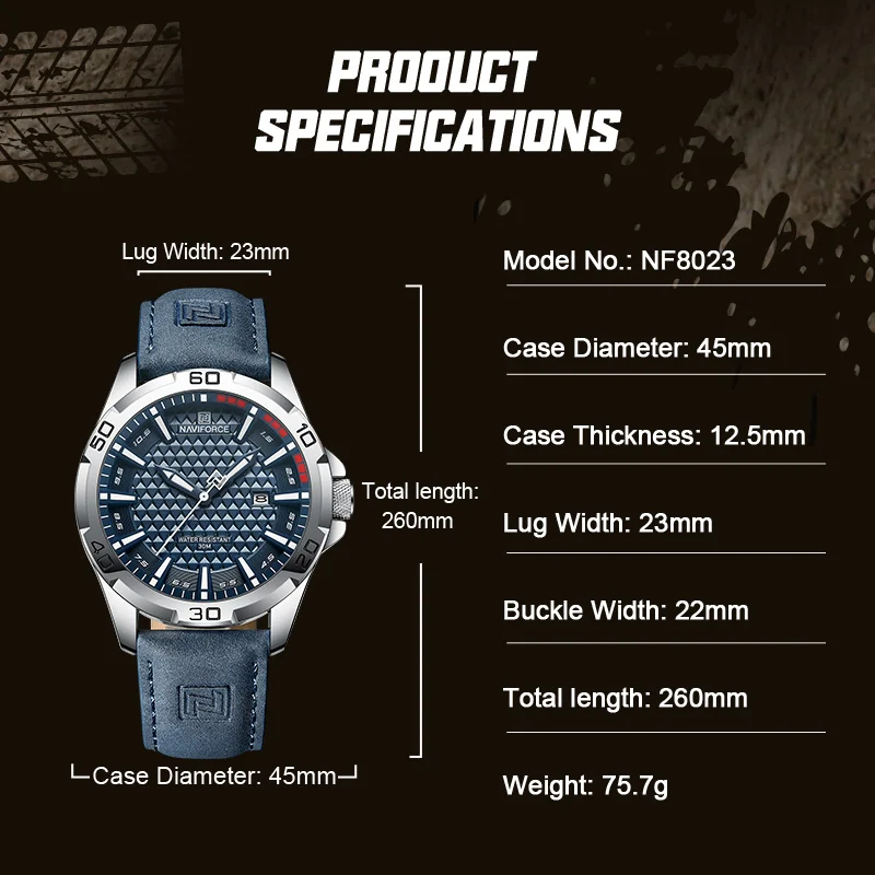 Marca NAVIFORCE, relojes de cuarzo a la moda para hombre, correa de cuero para hombre, relojes de pulsera deportivos impermeables, reloj calendario, reloj Masculino
