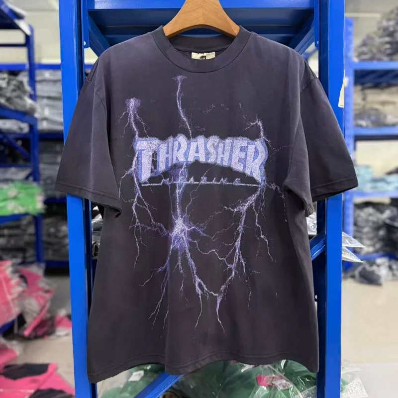 Camiseta Negra Vintage Lavada para Hombre, Talla Grande, con Estampado de Rayo, Estilo Urbano y Skate