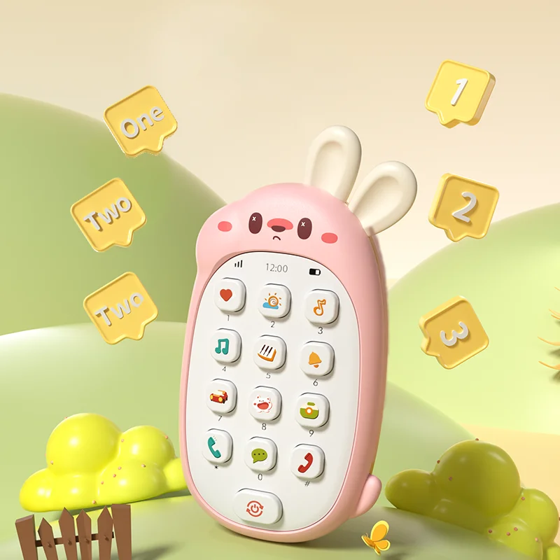 Juguetes de conejo para niños, teléfonos móviles, rompecabezas masticable para bebés, teléfono musical multifuncional para hombres y mujeres sin batería