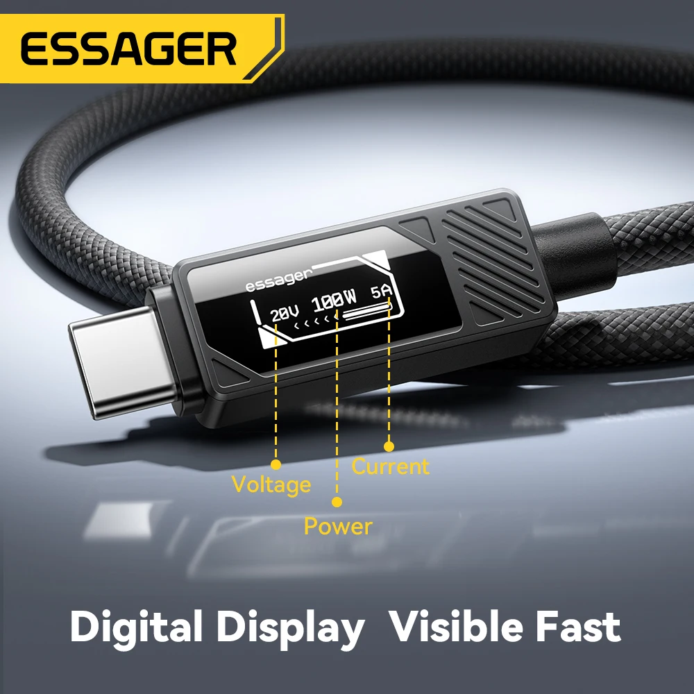 ESSAGER 100W Cable tipo C a C con pantalla Digital PD Cable de carga rápida para MacBook Pro/Air iPhone 16/15/14 iPad Cable USB C