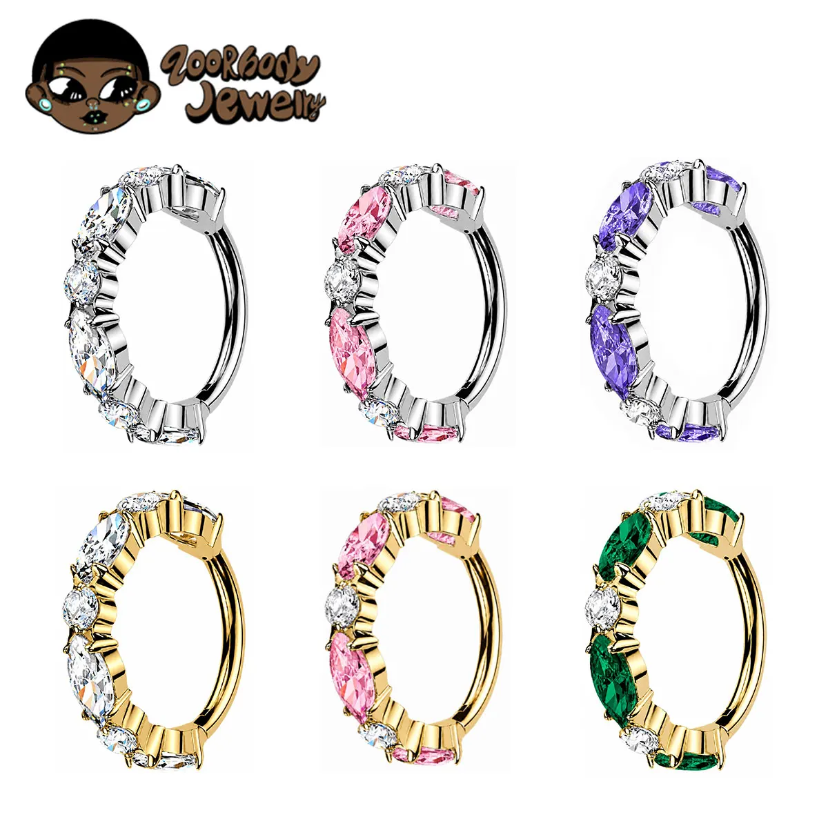 ZOOR Anillo Clicker de Titanio ASTM F136 con Circonita Cúbica Redonda Marquise, 16G, Aro Segmentado con Bisagra, Joyería para Piercing de Cartílago y Hélice