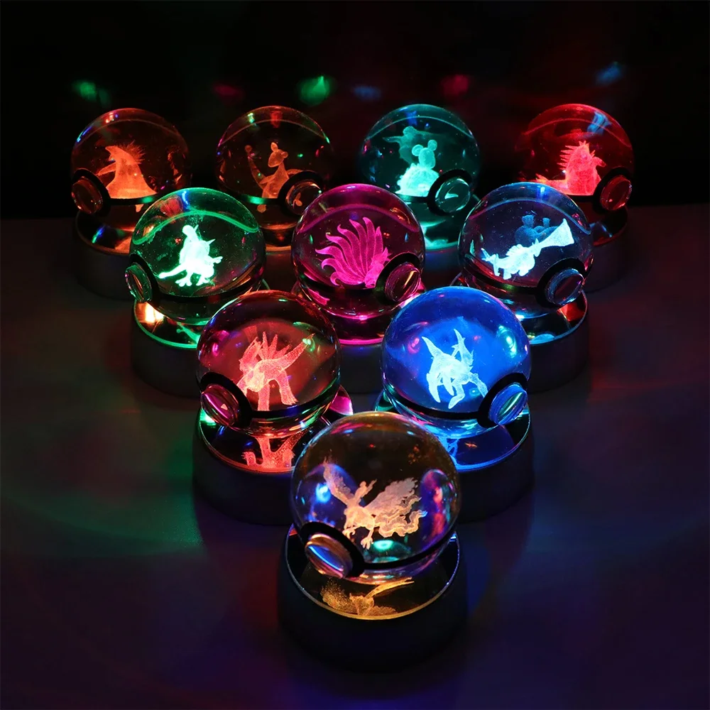 Pokemon bola de cristal 3D Pikachu Gengar Eevee Mewtwo juego de Anime Pokeball Led Base de luz nocturna niños regalo de cumpleaños decoración del hogar