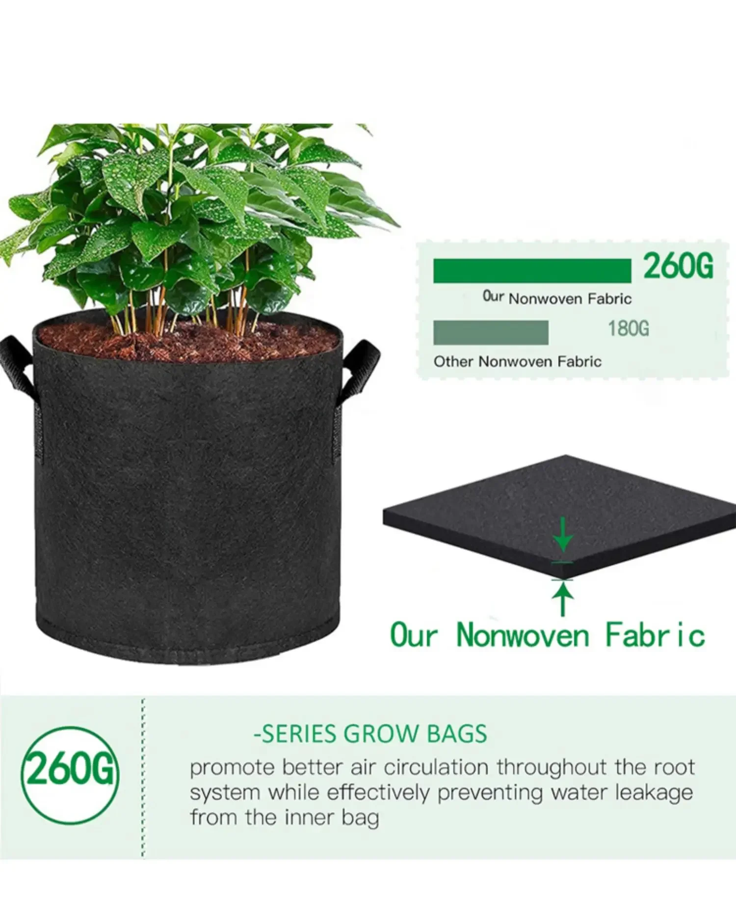 Paquete de 5 bolsas de cultivo/macetas de tela de navegación con asas (capacidades disponibles: 3 galones, 4 galones, 5 galones, 7 galones, 30 galones)
