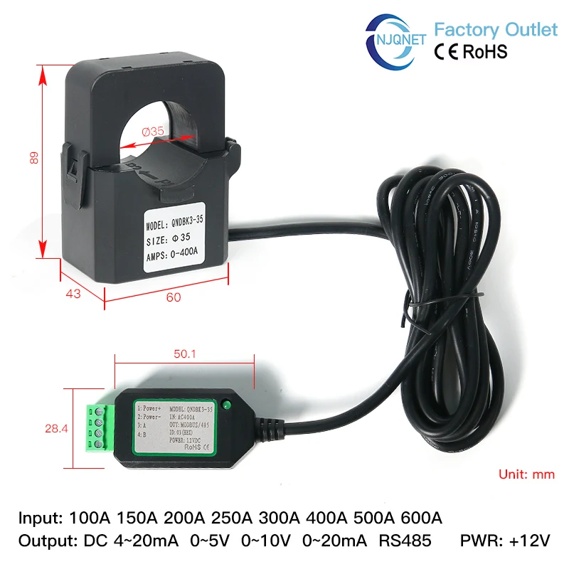 Sensor de Corriente de Núcleo Dividido QNDBK3-16 AC 150A 100A 50A 63A 20A 10A RS485 Transformador de Corriente Tipo Abierto con Pinza Modbus