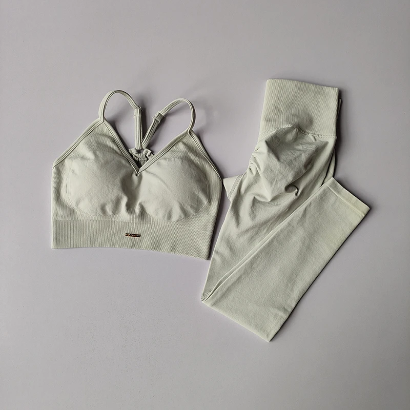 Conjunto de Fitness para levantamiento de cadera sin costuras, sujetador con cuello en V para mujer, mallas, conjunto de Yoga, ejercicio de secado rápido, masaje de hierro, pantalones ajustados de alta grasa