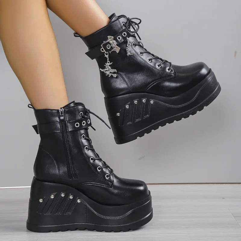 Botas nuevas para mujer, moda 20224, gran oferta, tacones de plataforma góticos Punk, botas de cuña para mujer, zapatos informales góticos Punk talla 43 para mujer