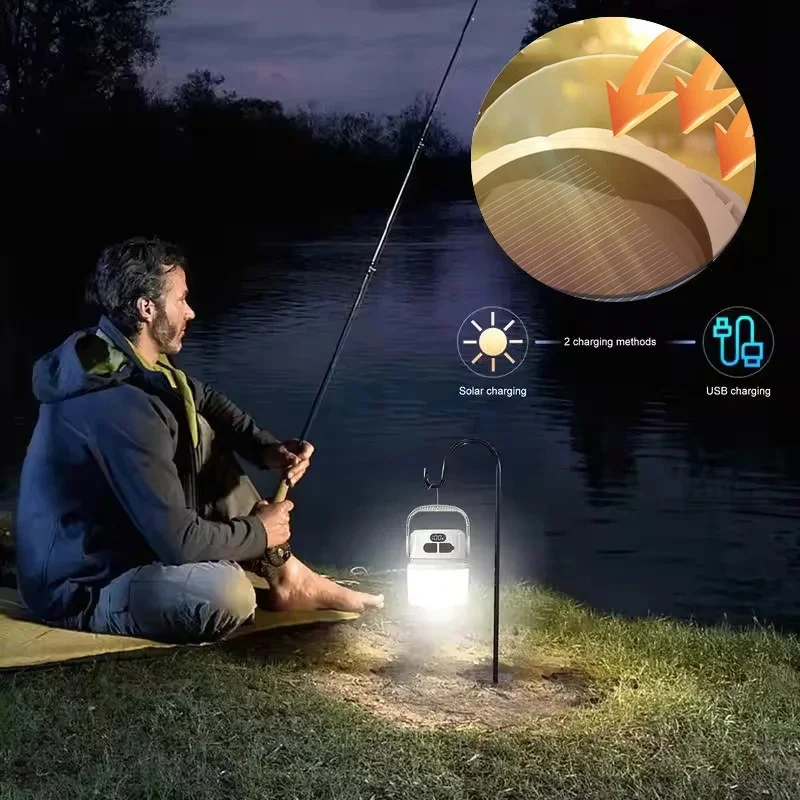 Lámpara LED Solar de Doble Carga para Camping, Impermeable, Multifuncional, Linterna para Exteriores con Gancho para Colgar