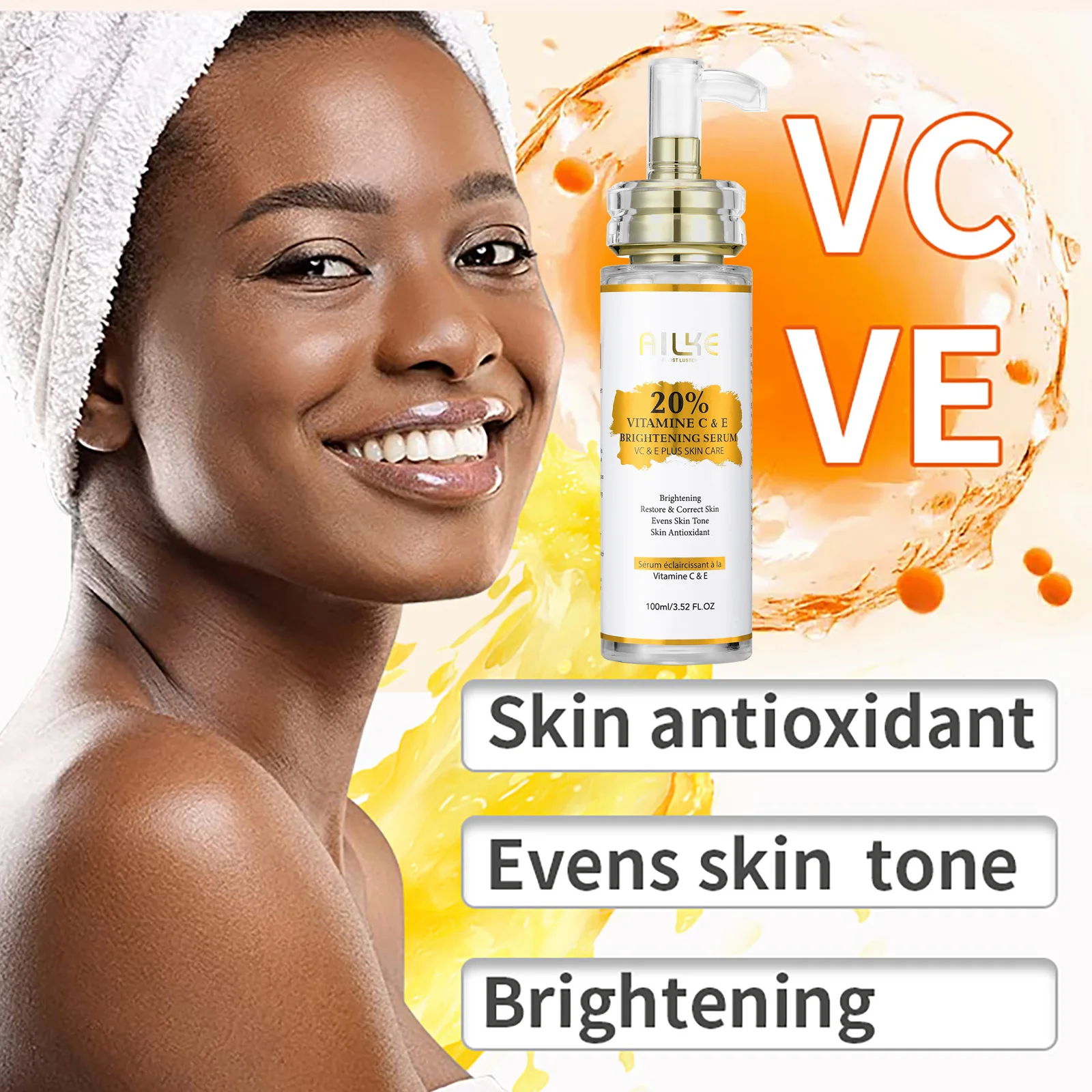 Suero Concentrado Iluminador con Vitaminas C y E de AILKE, Blanqueador, Hidratante, Limpia la Piel, Reduce las Manchas Oscuras, 100 ml/3.52 oz