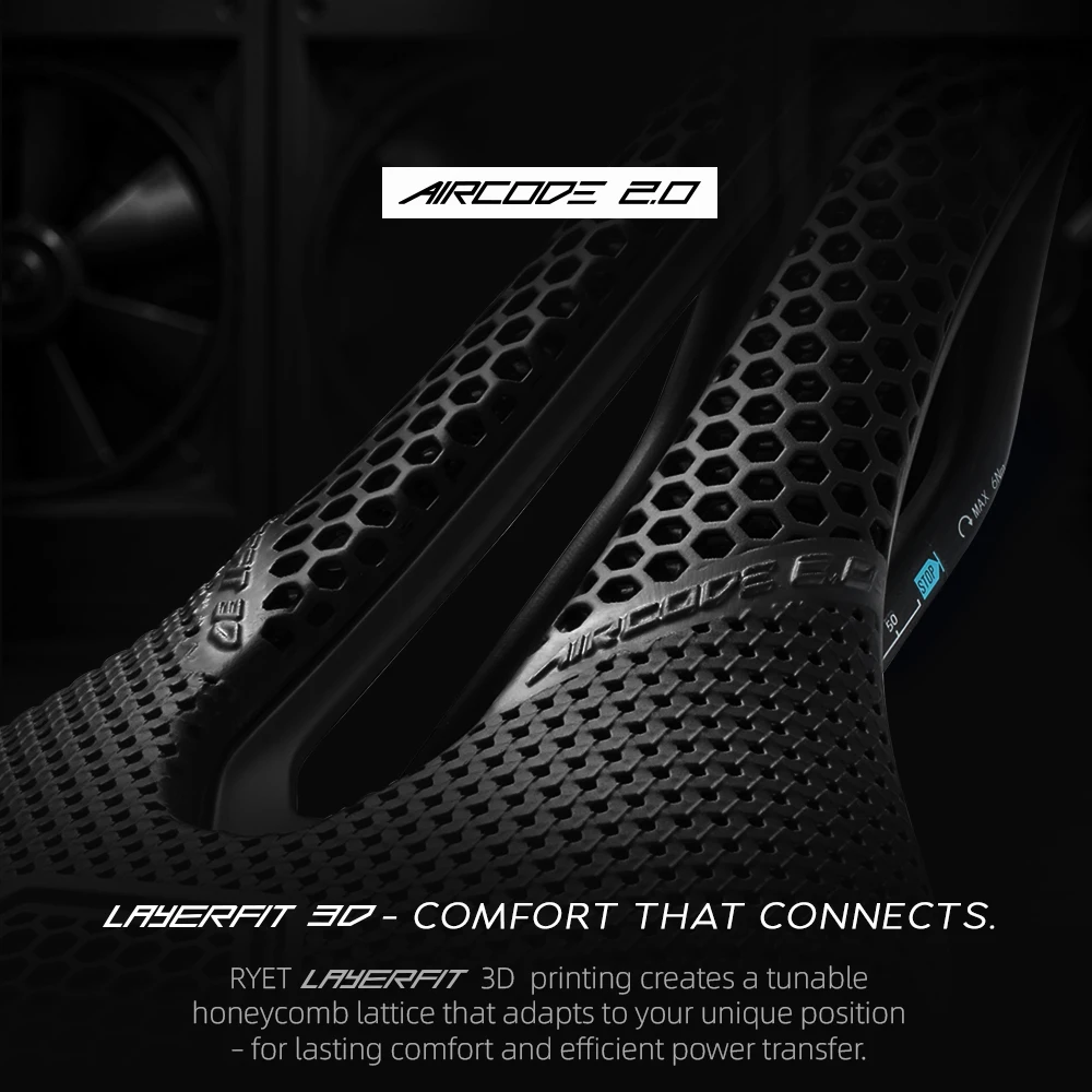 Sillín RYET Aircode 2.0 Impreso en 3D/VCM, 160-169g, 255x150mm, Rieles con Recorte de 7x9mm, Base de Carbono/Nylon, para Bicicleta de Carretera, MTB y Gravel