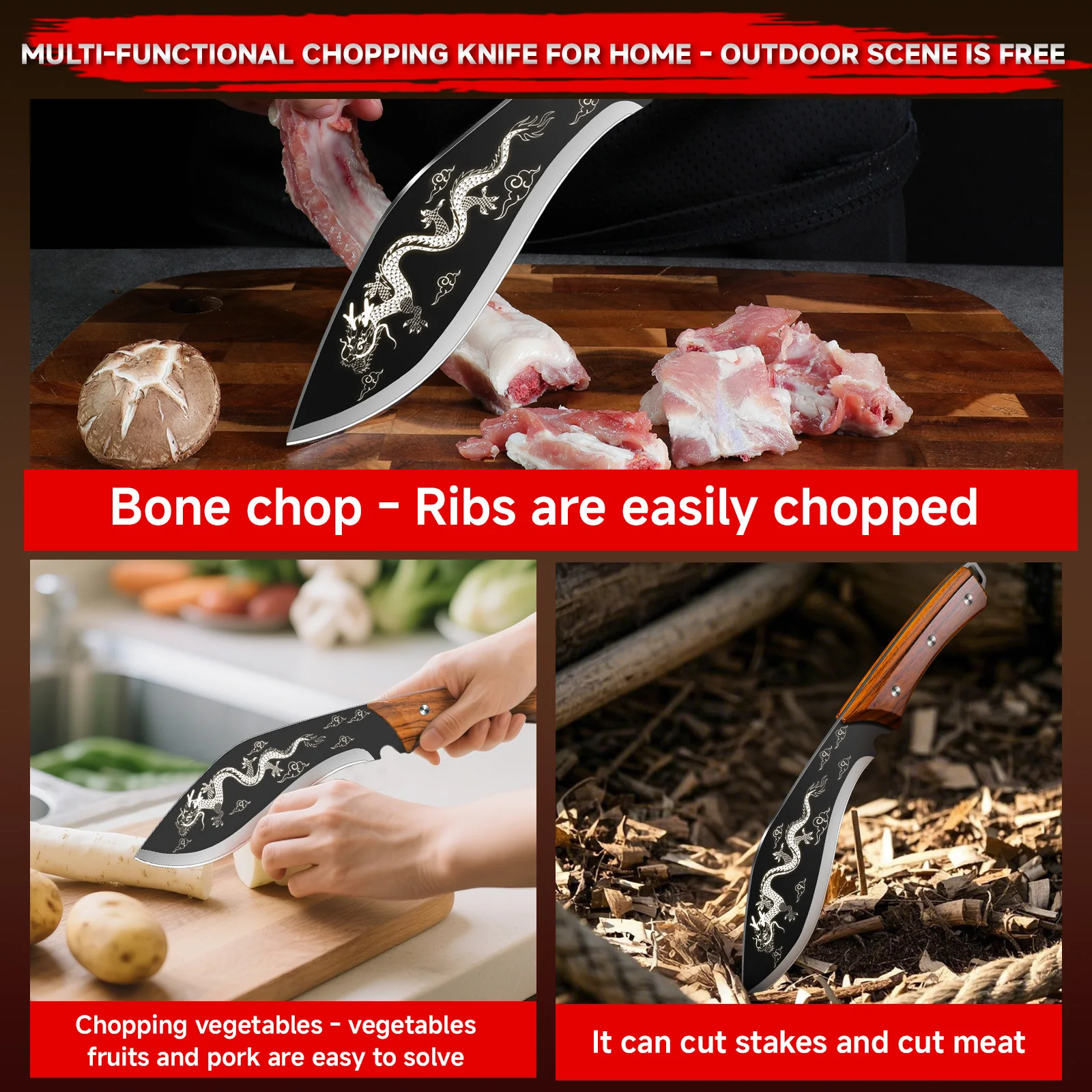 Stainless Steel Dragon Flower Pattern Chopping Meat Cleaver Hand Forged Kitchen Knife Wooden Handle Butcher Knife