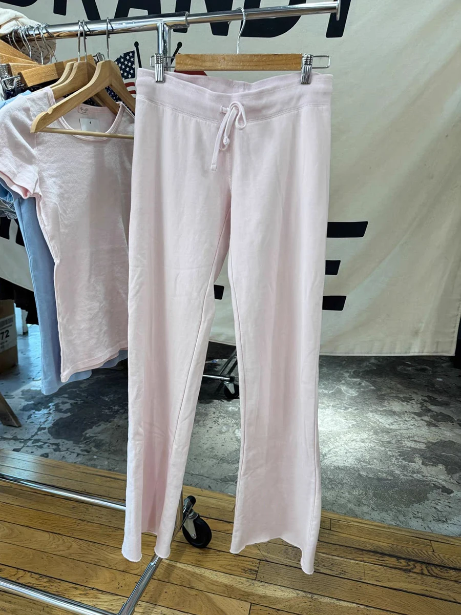 Nuevos pantalones deportivos de algodón rosa claro con cordón para mujer, de cintura baja, corte recto, largos, casuales y versátiles, con dobladillo sin rematar, ideales para primavera.