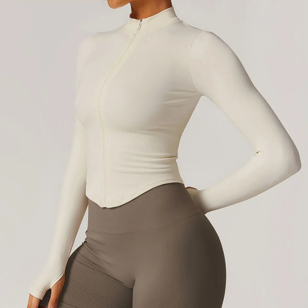 Chaqueta con cremallera para mujer, Tops cortos, camisetas de Yoga, Top deportivo liso, camisas para correr de manga larga, ropa deportiva Sexy de secado rápido para gimnasio y Fitness
