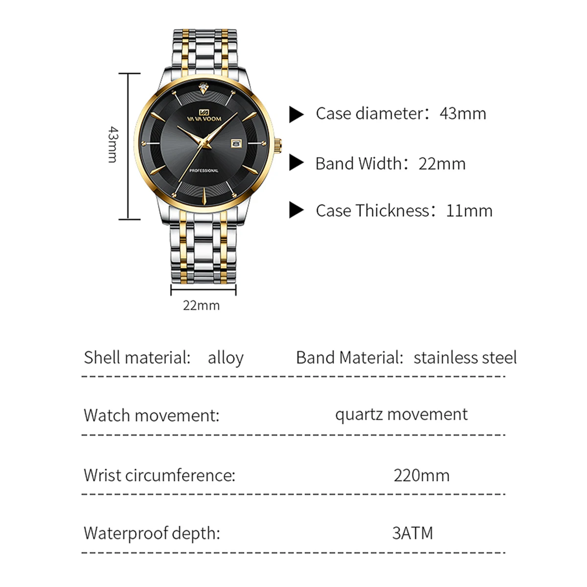 Reloj para hombre con caja de 43mm, estilo de acero inoxidable, diamantes de imitación de lujo, resistente al agua hasta 3bar, movimiento de cuarzo, relojes de negocios, relojes masculinos