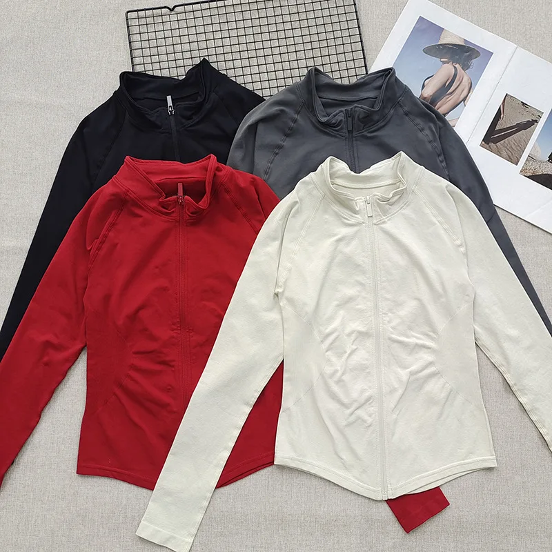 Chaqueta de entrenamiento sin costuras con cuello levantado para mujer - Top de entrenamiento de gimnasia para yoga con cremallera frontal ajustada