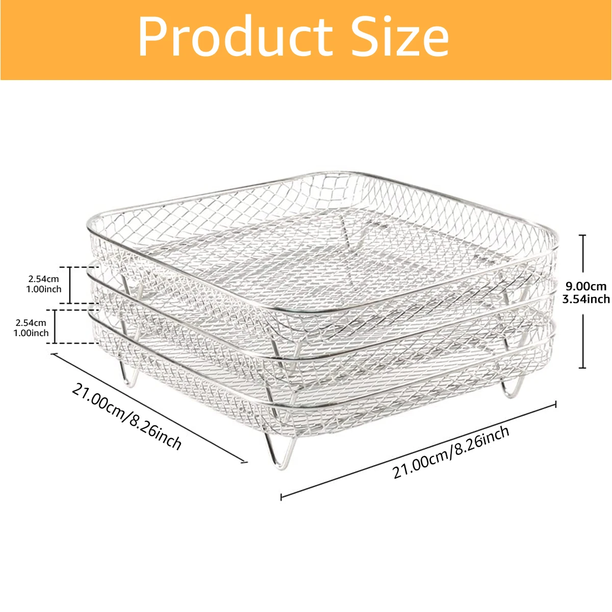 Bastidores de freidora de aire de 3 capas, cesta cuadrada de acero inoxidable, bandeja apilable, deshidratador, accesorios para freidora de aire, aptos para Cocina
