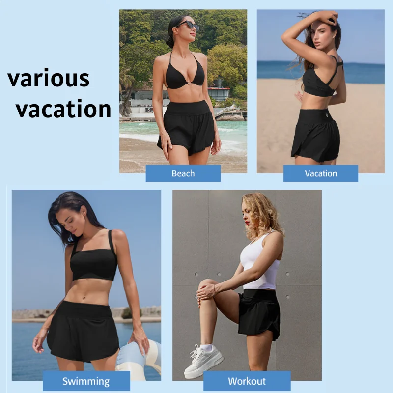 Anfilia Bañadores de natación para mujer, cintura alta, banda ancha, abertura lateral, 2 en 1, pantalones cortos de gimnasio, Yoga, Fitness con bolsillos, parte inferior Tankini