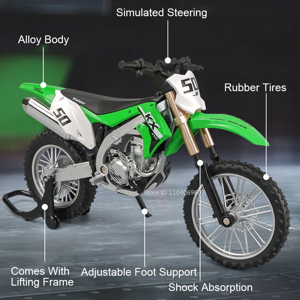 1:12 Kawasaki KX450 modelos de motocicletas de juguete aleación Diecast Ninja 400 motocicletas neumáticos de goma con absorción de impacto modelo juguetes regalo para niños