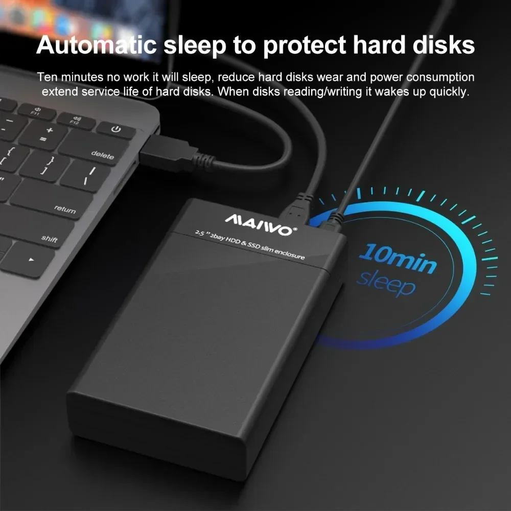 Caja para disco duro externo MAIWO Dual Bay, carcasa HDD SSD de 2,5 pulgadas para matriz de disco duro SATA con 4 funciones RAID, carcasa para PC