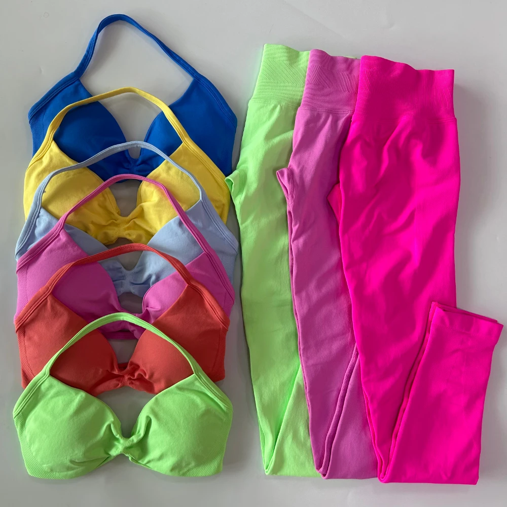 Conjunto de 2 piezas para mujer, sujetador de Yoga con tiras, Top deportivo, mallas de entrenamiento, conjunto de gimnasio sin costuras, ropa deportiva