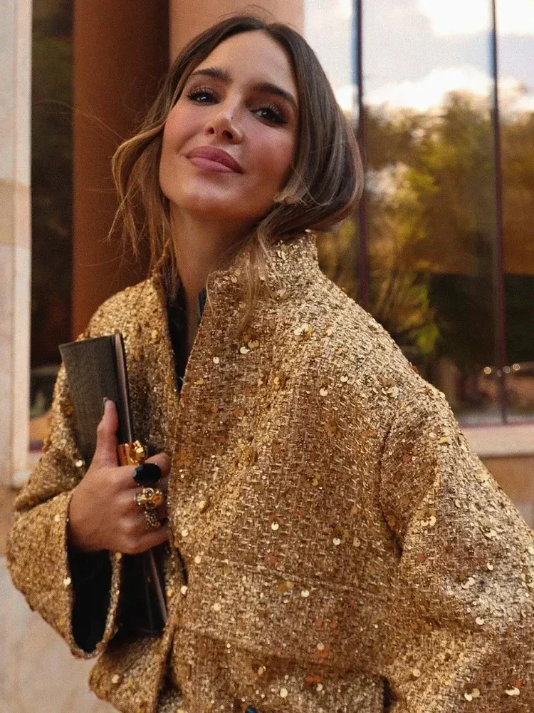 Suninheart, chaqueta Bomber con lentejuelas para mujer, otoño, cuello redondo, manga larga, bolsillo, dobladillo elástico, chaqueta con lentejuelas, abrigo, ropa de abrigo elegante para mujer