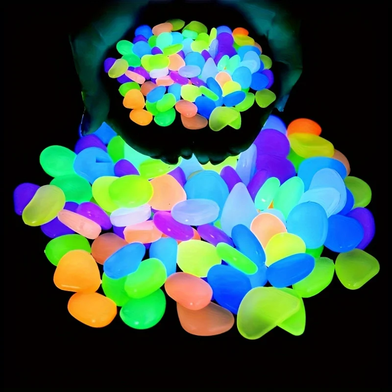 100/500 Uds. De guijarros que brillan en la oscuridad, piedras luminosas de resina para paisaje, caminos de jardín, plantas en macetas, parques, decoración de acuario,