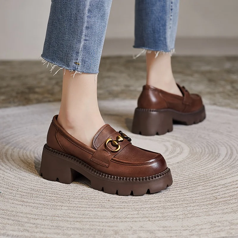 DRKANOL, mocasines de tacón grueso para mujer, zapatos de tacón sin cordones, nuevo diseño de primavera y otoño, zapatos de plataforma de tacón alto con punta redonda de cuero genuino de Metal
