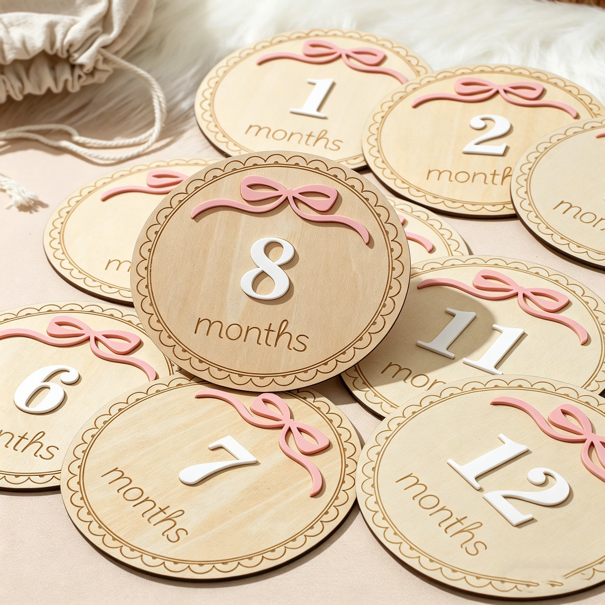 Ylsteed Discos de Madera para Fotografía de Recién Nacidos de 1 a 12 Meses, con Lazo Rosa, Tarjetas de Recuerdo con Fotos Grabadas en 3D, Regalo para Baby Shower -HD