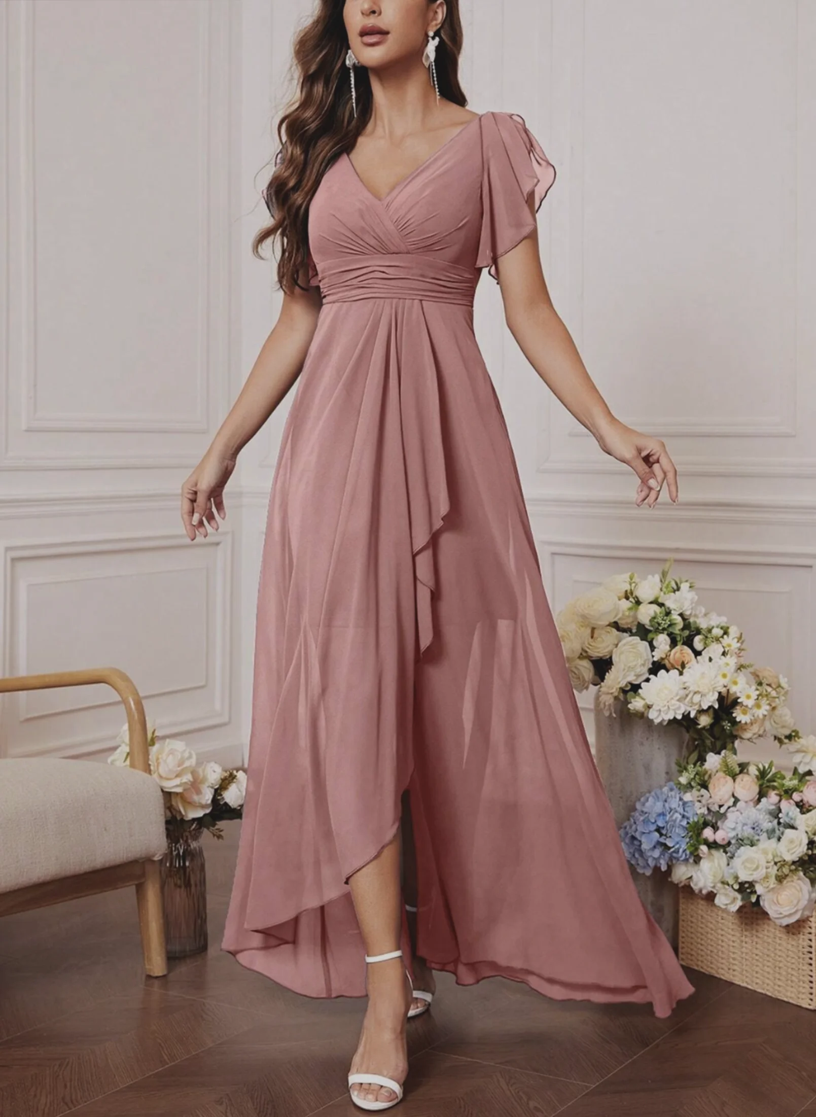 Vestido de gasa con escote en V, mangas con forma de hoja de loto, cintura alta, plisado, falda fluida, vestido para damas de honor, vestido largo de noche de estilo francés.