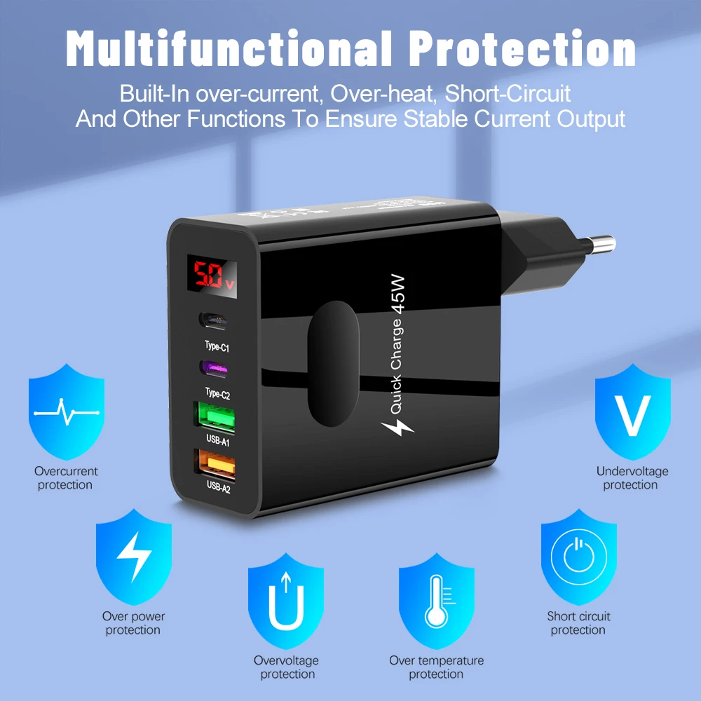 Cargador de pantalla Digital de 4 puertos, cargador USB tipo C, carga rápida 3,0 PD, adaptador de carga de teléfono para Xiaomi, iPhone, Samsung, viaje C