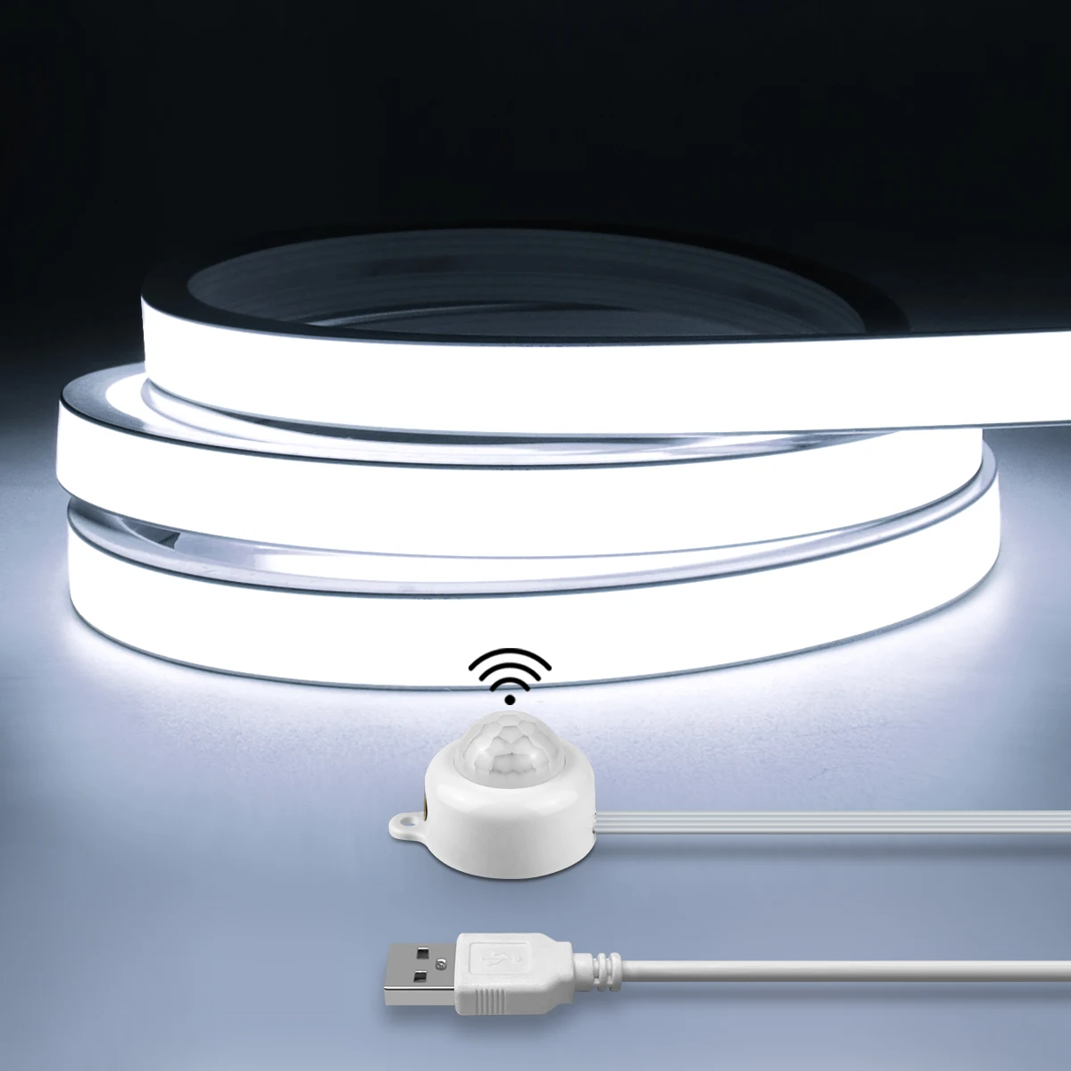 Sensor de movimiento PIR inteligente, tira de luces LED COB superbrillantes, luz de neón, encendido/apagado automático, 320leds/m, resistente al agua para cocina, escaleras, decoración de armario
