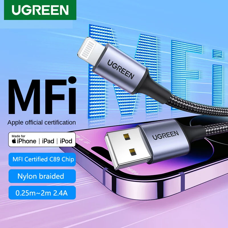 UGREEN MFi USB A a cable de carga relámpago trenzado para Apple iPad iPhone 14 13 12 11 8 cable de datos Carplay 25cm 50cm 1m 1,5m 2m