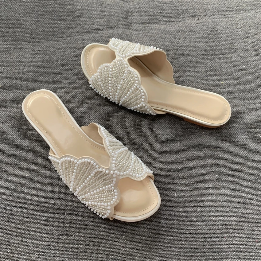 Sandalias Planas de Verano de Lujo para Mujer, Sandalias de Diseñador con Imitación de Perlas, Cómodas y Ligeras, Zapatos Casuales de Playa para Mujer