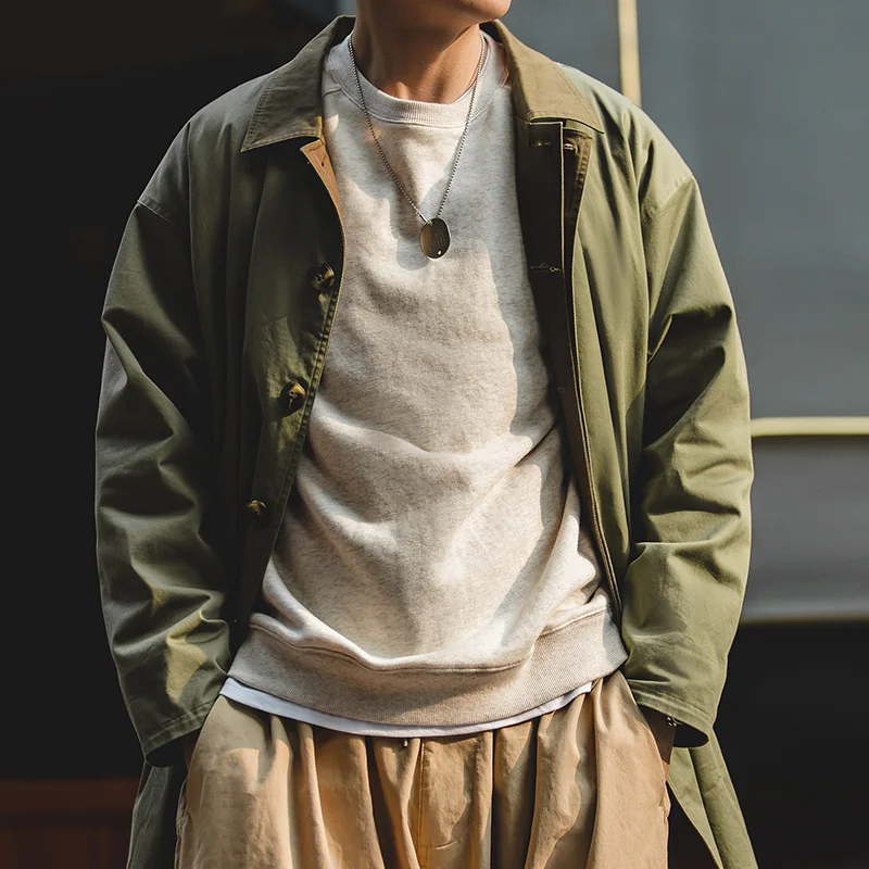 Maden Casual Balmacaan Trench Coat Loose Fit Verde Cortavientos Heavyweight Twill Vintage Chaquetas Largas para Hombres Otoño e Invierno