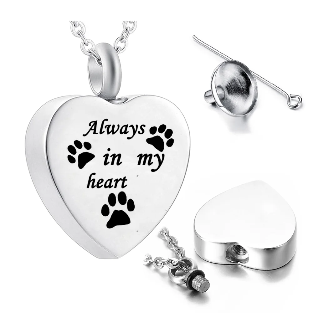 Joyería de Cremación para Cenizas, Siempre en Mi Corazón, Colgante de Acero Inoxidable con Forma de Corazón y Huella de Mascota, Collar Urna Conmemorativa