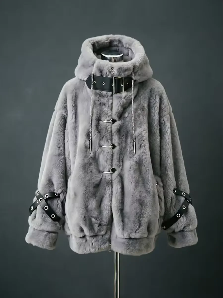 Abrigo de Piel Sintética Grueso y Cálido para Mujer, Otoño-Invierno, con Capucha y Cremallera, Estilo Japonés de Lujo, Punk Harajuku, Chaqueta Esponjosa 2026