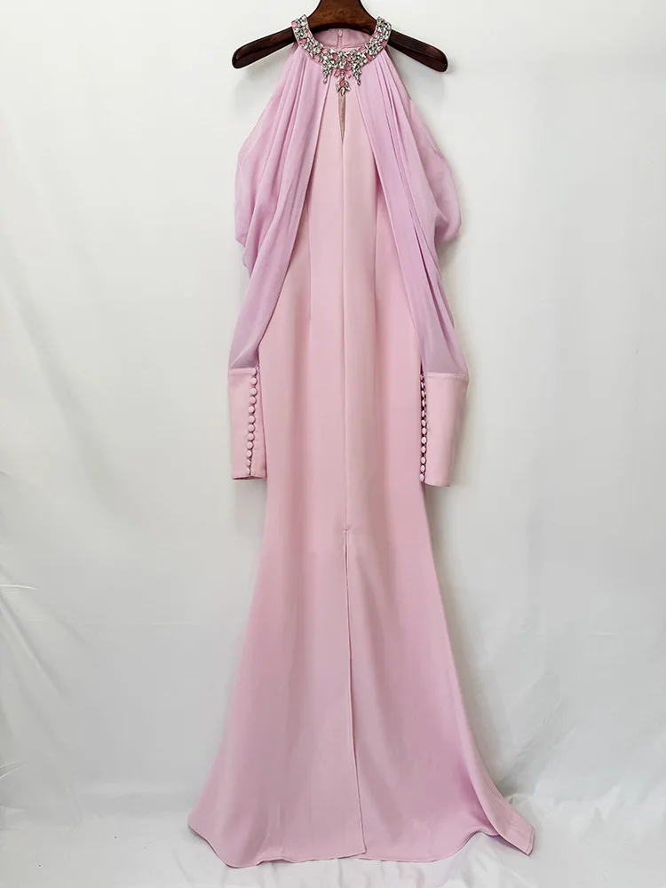 Vestido Largo de Fiesta para Mujer, Diseño 2026, Cuello Alto, Adornado con Cuentas y Diamantes, Chifón, Hombros Descubiertos, Mangas Largas, Alta Calidad
