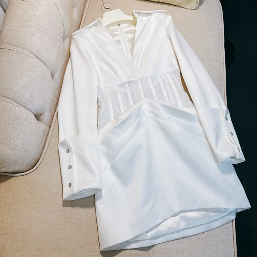 Vestidos de malla con patchwork adelgazantes TWOTWINSTYLE para mujer, cuello en V, manga larga, cintura alta, mini vestido elegante, ropa de moda femenina