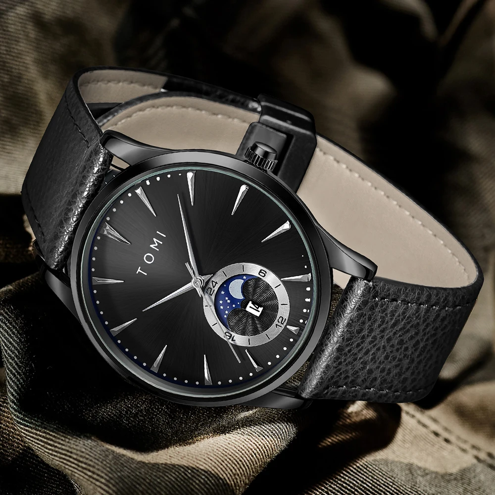 Reloj TOMI con correa de cuero de lujo para hombre, reloj de cuarzo con calendario de Esfera Grande para negocios y ocio, reloj Masculino