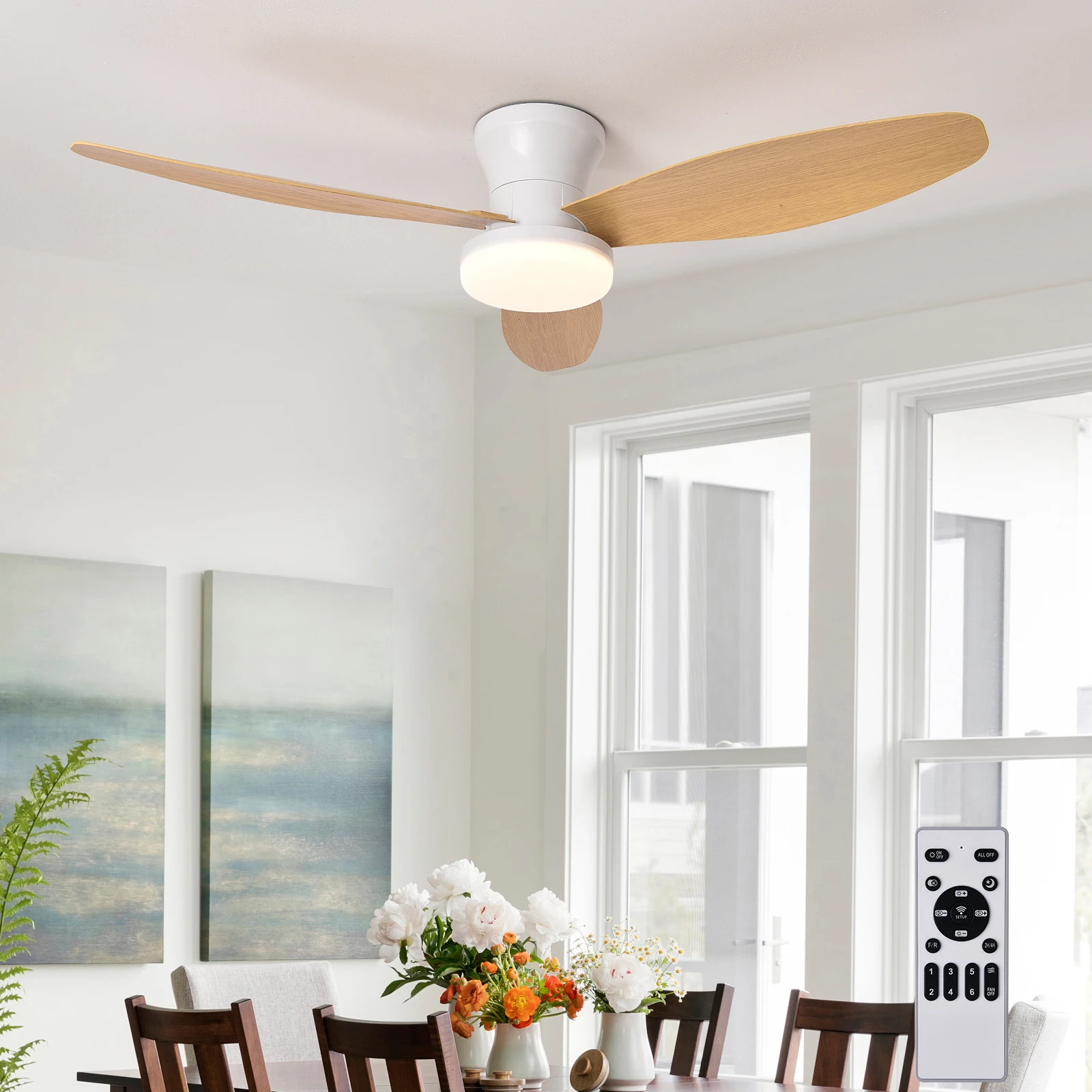 Ventilador de techo con luz 3 colores, 6 velocidades, sincronización, ventilador de techo con control remoto 3 aspas para cocina dormitorio comedor