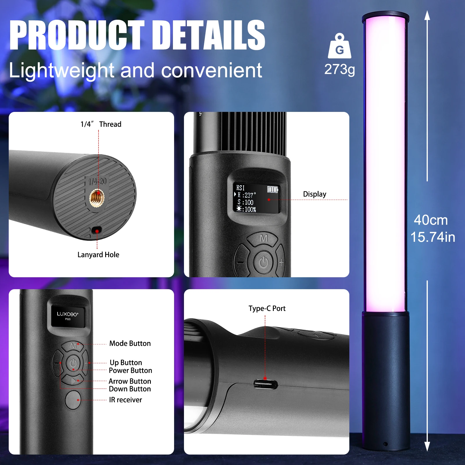 Tubo de luz LUXCEO P400, varita de palo RGB portátil, lámpara LED colorida para fotografía y vídeo CRI 95 + 2500K- 6500K para estudio fotográfico Vlog