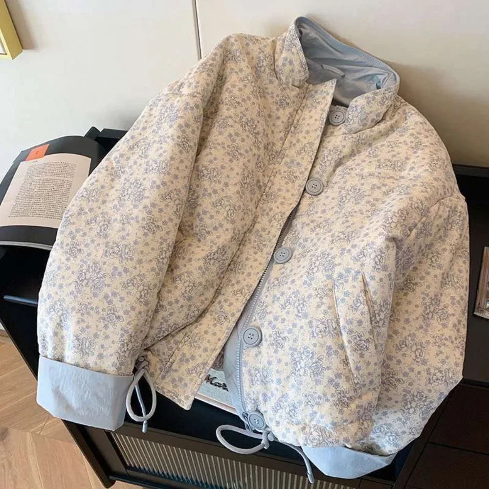 2025 Chaqueta literaria coreana con estampado suave para Mujer, Chaqueta corta con cuello levantado, chaqueta reductora de edad, informal, cálida y gruesa con paneles para Mujer