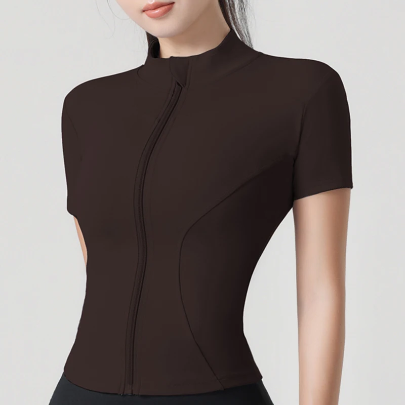 Chaqueta de Yoga para Mujer, Chaqueta Deportiva Ajustada de Manga Corta con Cuello Alto, Chaqueta Deportiva Elástica de Manga Corta para Fitness