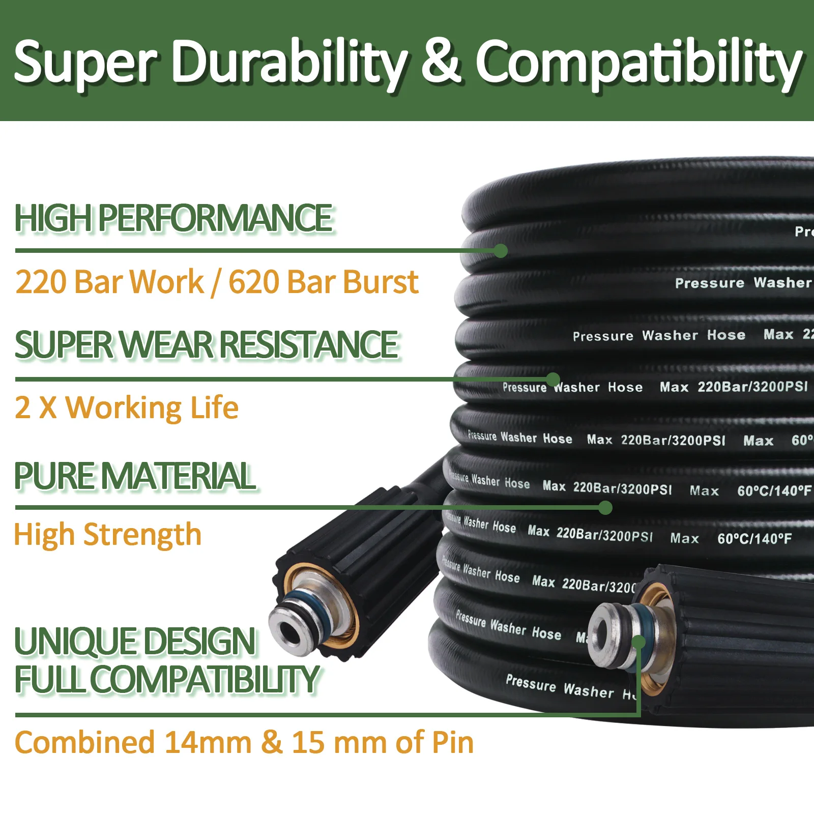 Manguera de lavadora de alta presión, manguera de lavado de coches, manguera de extensión de limpieza de agua, M22-Pin 14/15 para Karcher Elitech Interskol Huter