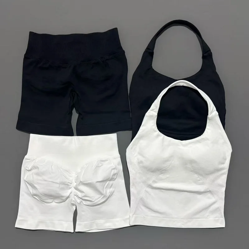 Conjunto de 2 piezas de pantalones cortos de yoga para mujer, top halter sin espalda, pantalones cortos sin costuras de cintura alta, traje de gimnasio, ropa deportiva, conjuntos de entrenamiento