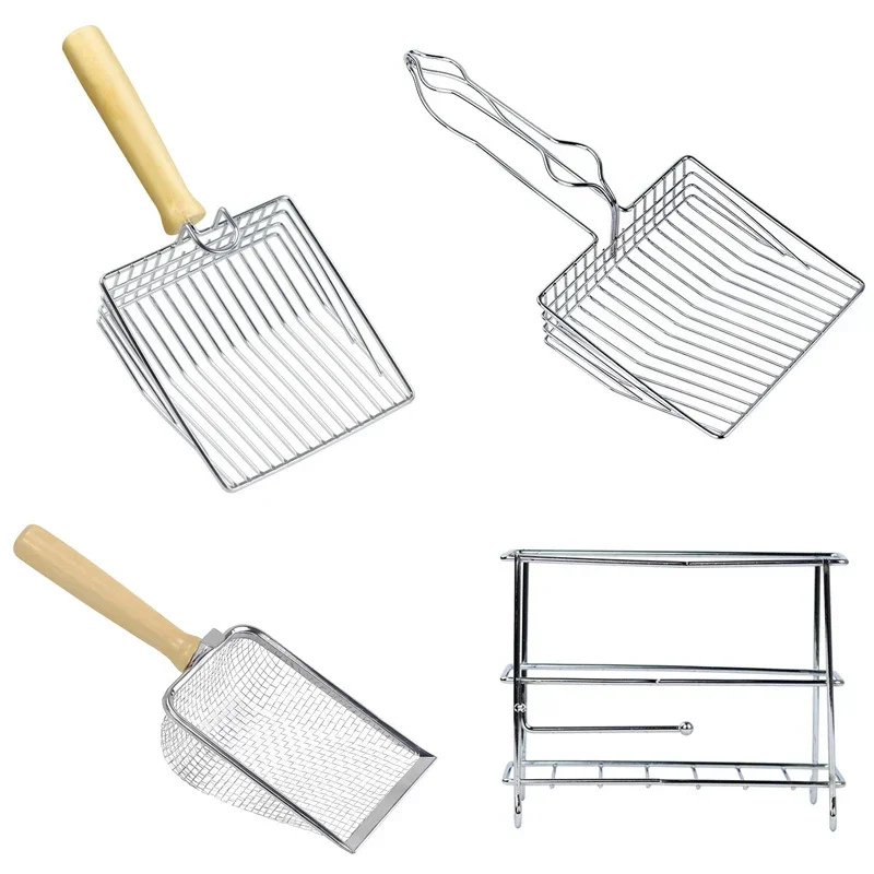 Pala para arena de gato con mango de madera, recogedor de Metal con gancho, herramienta de limpieza de inodoro portátil de acero inoxidable, productos para mascotas