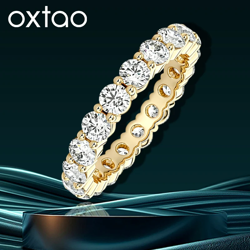 Anillo OXTAO de moissanita completa de 4 mm D VVS1 para mujer, anillos de eternidad brillantes para boda, regalos de joyería de aniversario, relleno de oro de 14 quilates