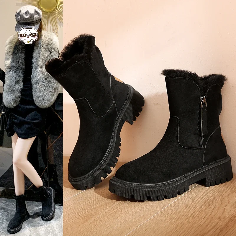 Nuevas botas de nieve para Mujer, botas de plataforma de diseñador a la moda cálidas de invierno, zapatos planos de felpa cortos antideslizantes, zapatos de gamuza para Mujer