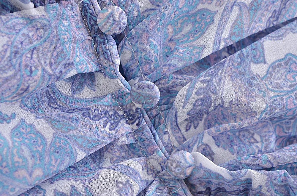 Vestido mini de gasa con estampado floral azul para mujer, con volantes de oreja de madera, cuello en V, botones abiertos, cintura fruncida delgada, manga larga, estilo festivo